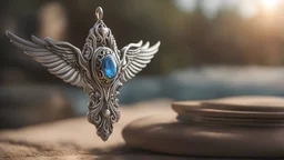 Photoreal gorgeous heavenly radiant silver winged amulet, as bright as the sun, in the style of fantasy movies, photorealistic, shot on Hasselblad h6d-400c, zeiss prime lens, bokeh like f/0.8, tilt-shift lens 8k, high detail, smooth render, unreal engine 5, cinema 4d, HDR, dust effect, vivid colors
