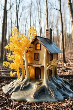A melting plastic trees in the wood with melting house