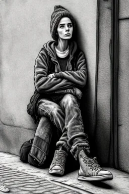 One single mature homeless girlcat with worn out clothes, sitting in a corner on the street, guitar standing on the left side, Vienna, mourning, model style, hyper realistic, extremely accurate, delicate, extremely detailed, Graphic novel style, wide-angle, open aperture, superfine pencil