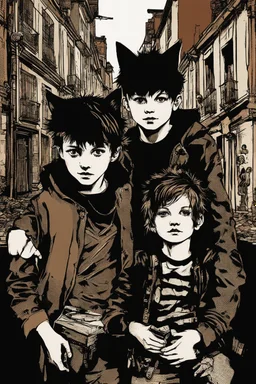 Three teenage street children two boys and one punk girl in book-cover poses on the screen of an old town plus a black cat as a companion, dark graphic style, Banksy style, Klimt style, Kandinsky style