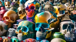 a picture of a dark, comedic, anatomically correct wall of colorful tightly packed skulls of varying sizes and expressions, photo realistic, insanely meticulous, highly detailed, part of a collection of bones on display, 64k, dystopian, vray