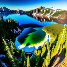 Crater Lake National Park, Oregon,aerial view,extremely detailed digital painting, high resolution,8k, realistic, beautiful, volumetric lighting, mystical colors ,perfectly centered image, perfect composition, rim light, beautiful lighting,masterpiece, stunning scene, raytracing, anatomically correct, in the style Van Gogh and robert e howard and Ken Kelley and Ohrai Noriyoshi and Simon Bisley and tomzj1.