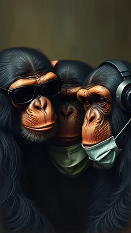 Bosch painting style nightmare, three chimpanzees , one wearing sunglasses, another has headphones and another put a mouth mask.
