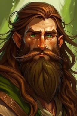 Gnom, braune lange wilde Haare, große, auffällig dicker Nase, gepflegter kurzer Bart, kein Vollbart, grüne Augen, hübsch, sehr jung (etwa zwanzig Jahre) , Druide, gebräunte Haut