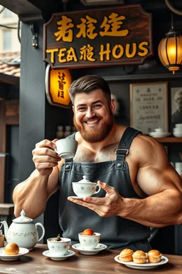 young mechanic man with SUPER MASSIVE huge muscles and his top off enjoying high tea by himshelf with little cakes, with large SIGN THAT HAS A title( - FAG - BOI TEA HOUSE) BOYISH CUTE FLUFFY