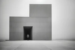 minimalist, centralized with a strong focal point, high-quality photo, Canon EOS mark 1 with architectural lens, contrast of scale, lone figure against a massive structure, highlighting the theme of solitude, open, misty with a clear horizon, directional light casting a defined shadow --ar 9:16 --style raw --v 6