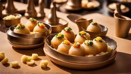 LV Pani Puri prepared by Louis Vuitton Malletier, Louis Vuitton is a French luxury fashion house and company founded in 1854 by Louis Vuitton, Louis Vuitton Indian food, branded in LV, LV branding clearly visible on the puri, LV branding on all objects in the frame, Cinematic ambience, post – processing, perfect composition, global illumination, Canon EF 16 – 35mm f/ 2. 8L III USM Lens on a Canon EOS 5D Mark IV camera, Cinematic lighting, no blur, sharp focus, photorealistic, Ultimate Luxury, ro
