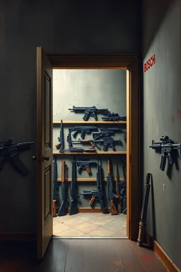 Bosch painting style nightmare, a wall with An open big door behind the door are shelf’s with many kinds of automatic guns
