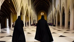 Black robed, hooded monks in the church