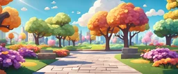 Background: beautiful colorful city park on a bright sunny day landscape, park bench, clouds, spring flowers, trees, 3D vector cartoon asset, mobile game cartoon stylized, clean Details: colorful flowers, far-off trees, paved pathway, detailed. Camera: side angle, 45° downward, 35 mm. Lighting: high noon sun, LED lights. cartoon style