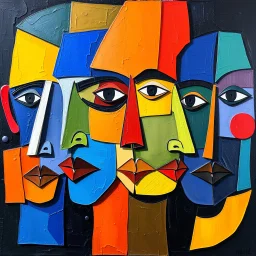 A vibrant abstract cubist-style painting featuring multiple fragmented faces and figures composed of geometric shapes and bold colors. Mosaic-like arrangement of stylized faces with prominent eyes, noses, and lips, deconstructed and reassembled in overlapping planes. The composition shows multiple perspectives simultaneously, with blues, oranges, yellows, reds, and greens standing out against a dark background. Dynamic, textured, and full of energy, evoking the characteristic cubist aesthetic. -
