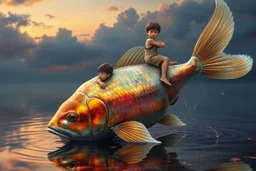 dreamlike, Esao Andrews-esque scene where a barefoot boy in tattered overalls rides atop a colossal, iridescent koi fish through a surreal twilight lagoon, his arms wrapped around the fish's sleek, glistening body as if it were a trusty steed. The fish's scales shimmer with impossible huespearlescent blues melting into burnt orangeswhile its fins fan out like delicate silk banners torn from some celestial tapestry. Around them, the water refracts into liquid prisms, distorting reflections of gna