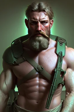 photorealistic male bearded handsome soldier, hyperdetailed painting, luminism, Bar lighting, complex, dark green miltary, 4k resolution concept art, Artgerm, WLOP, Alphonse Mucha, 3d render, octane render, intricately detailed, cinematic, awesome full color, hand drawn, dark, gritty, cinematic