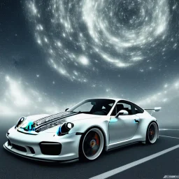 God like, extremely detailed Porsche style car (Centered on image), moving on a silk road through the galaxy, symetrical, HD, 4k, 8k, Photo realistic