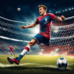 Soccer player kicking a ball into the goal with a lot of force, cartoon art