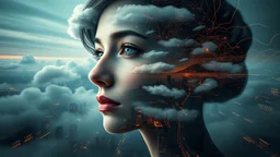 A portrait of a woman formed by a surreal, dreamlike mental landscape reminiscent of double exposure photographs, with layered, swirling clouds and neurological pathways evoking the futuristic, dystopian cityscapes of Cyberpunk 2099 and Blade Runner 2049. Inspired by Vincent Callebaut’s innovative, eco-friendly designs and the complex, mathematically driven patterns of the Fibonacci sequence, seamlessly blending into a dark, misty atmosphere. Igor Morskoy’s signature blend of organic and synthet