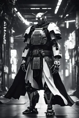 samurai robot in black and white cloak in a cyberpunk environment