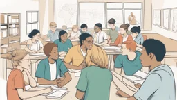 The image depicts a group of students actively engaged in a collective discussion within a classroom. The atmosphere is filled with enthusiasm and collaboration, evident through their lively interaction and exchange of ideas. The image illustrates the promotion of social interaction and cultural learning within an educational environment, where students learn from one another and build interactive bridges that contribute to enhancing understanding and cooperation among diverse cultures.