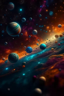 56. space, galaxy, cluster of large planets in one place, in the center of the planet "time", nebulae at the edges of the galaxy, hyperrealism, microdetalization, surreal, detailed, 3d, 8k, colorful, professional photo, HDR, hyper detail, realistic, high resolution, quality, accuracy, clarity, sharpness