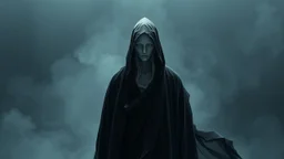 In a mesmerizing and ethereal manner, an otherworldly being emerges in the form of a translucent grey hood statue flowing smoky black robes. Forward facing