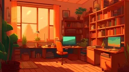 a lofi style art representing a tidy and cozy office with warm colors