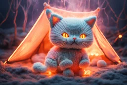 Against a dark cracked holographic marble background, a cute chibi plushy fluffy knitted and embroidered cat, tent, campfire, pond, mist and fog in sunshine, drawn in orange glowing neon lines. The cracks in the background are golden. Ethereal, cinematic postprocessing.