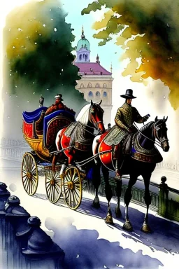 Fiacre, carriage with two horses in Vienna. Aquarell.