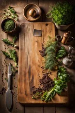 A rustic wooden cutting board, aged oak surface textured with knife marks, surrounded by vintage kitchen tools and fresh garden herbs cascading off the edges, positioned on a rough farmhouse table, ambient warm light casting soft shadows, still life photography, high dynamic range, rich earth tones.