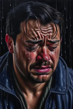 a man crying in rain oil painting