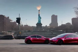 A Tesla 'Model 3' is drifting at top speed, near the 'Statue of Liberty' in New York. CINEMATIC. WIDE ANGLE LENS. PHOTO REAL.