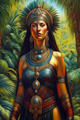 create a classical-abstract-realist sci-fi fantasy full body portrait painting of a nomadic tribal priestess with highly defined facial features, in a lush tropical landscape in the style of Donato Giancola, Hans Memling, Titian, and Caravaggio, 8k, highly detailed, otherworldly and fantastic