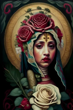 La Virgen de Guadalupe with a flower over her face. Behind her head is a snake. There are roses on her dress