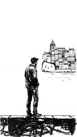 a man standing on Porto bridge, ink drawing style