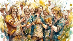 Band_playing_music+Flowers+crowds_of_laughing_happy_people_dancing&holding_beer_mugs double exposure liquid gouache illustration with ink splash art, CG Society and Carne Griffiths and James Christensen and Dan Mumford, Lou Xaz, active double exposure joyful