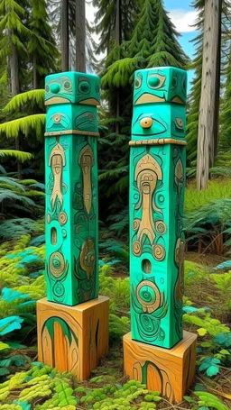 Mint colored woods with insect hives designed in pacific Northwest totem poles painted by Vincent van Gogh