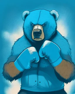 A grizzly bear with bright blue fur with boxing gloves looking at you on in an illustration style
