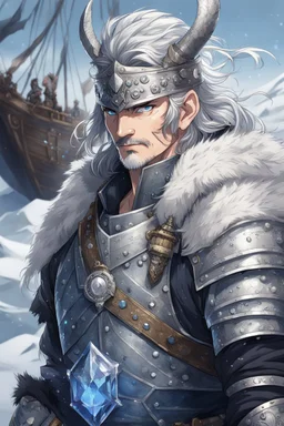 in anime style,1older man, a older man with blue eyes and black hair man in silver Viking armor with fur around the neck with blue crystal on his chest holding an axe in his hands standing on a pirate ship in the artic, warrior in anime style,