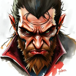 dnd, fantasy, watercolour, large strokes, stylistic, dull colors, portrait, illustration, male, face, weathered face, sly, violent, evil, vigorous, rogue, criminal