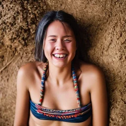 Woman smiling, wearing primitive bikini, native clothing, primitive, highly detailed, extremely detailed, crisp, photo, high quality, real life, laying down, symmetrical