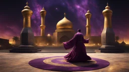 Hyper Realistic Sufi Whirling on stone floor with maroon, purple & Golden Islamic Sufi Rustic Grungy Background outside black-&-golden marble Islamic monument at dark night, heavy-fig with stars on sky showing dramatic & cinematic ambiance.