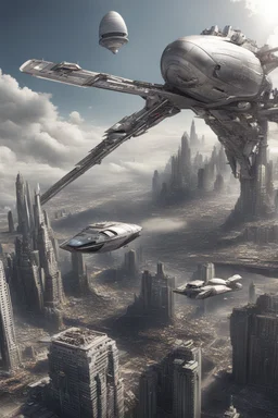 a photorealistic sleek silver spaceship flying over a futuristic ruined city