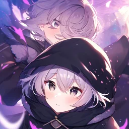 floating in air, backflip,{{anime}}, detailed beautiful short hair,{{fluffy hair}}, delicate and intricate hair, black loose raincoat with hood, purple and black eyes, blush, beautiful detailed eyes, {beautiful face}, cinematic light,{masterpiece}, beauiful illustration, offical art, upanime