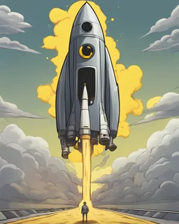 The has a black head with a yellow dot and rides on top of a rocket flying in the sky