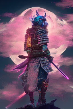 Mystical samurai emitting an aura with a long, neon sword emitting an aura