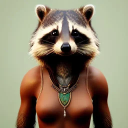 award winning portrait of a female anthropomorphic raccoon with tribal jewelry