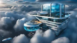 medium shot photo from high-tech futuristic office building between in big clouds , glass and metalic walls, tall, cyberpunk, blue, and dark colors with a landing dock of futuristic ergononic car and taxi, and airship floating in the clouds, blue-white sky, cold colors, high detalied, sharp focus, sci-fi mood