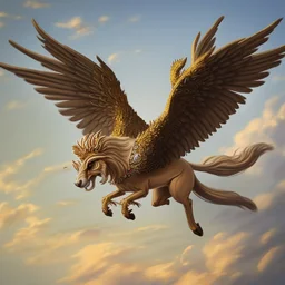 A beautiful Griffin Achaemenid with big and strong wings in flight with four foot