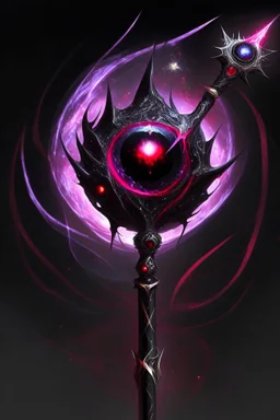 A sorceress evil staff that is a mix colors of red and black crystals and sharp edges, with black aura swirling around it, a black universe color orb ontop of the staff