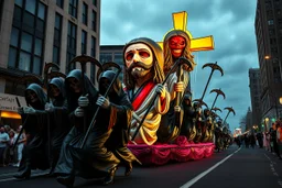 cartoonish jesus parade balloon pulled by multiple grim reapers, multi colored, bright, vivid, psychedelic, high detailed, high gloss, insanely detailed, matte, horrorcore, lining the street, unsettling contrast, monument to death, live action shot grim reaper parade, pulling a jesus parade float