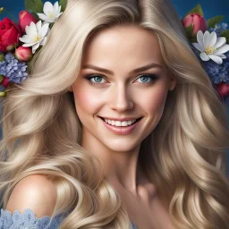 (best quality, 4k, 8k, highres, masterpiece:1.2), ultra-detailed, (realistic, photorealistic, photo-realistic:1.37),hyper realistic, gorgeous smiling 1woman,long hair,looking at viewer,realistic proportions,blue eyes,hair ornament,dress,very long hair,flower, blonde hair,parted lips,necklace,white dress,orange hair,lips,blurry background,freckles,realistic,head wreath,orange flower,realistic portrait